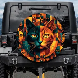 Cubist Black Cat Face Yellow Eyes Geometric Art - Car Accessory Gift for Cat Lovers Spare Tire Cover