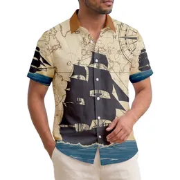 Full Rigging Sailing Ship Antique Map Compass Rose - Tropical Exploration Gift Hawaiian Shirt