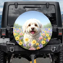 Fluffy White Dog Daisy Chrysanthemum Blossom Field - Dog Lover Gift Spare Tire Cover