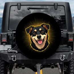 Black Tan Brown Eyed Dog Portrait Pink Tongue Yellow Outline - Dog Lover Vehicle Accessory Gift Spare Tire Cover