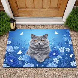 Grey British Shorthair Cat Blue Flowers Butterflies - Cat Lover Home Decor Gift Doormat