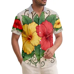 Bright Yellow Red Hibiscus Flowers Green Leaves Textured Grey Backdrop - Home Decor Gift Hawaiian Shirt