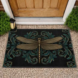 Antique Gold Bronze Dragonfly Teal Acanthus - Home Decor Gift Doormat