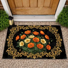 Orange Yellow Poppy Gold Acanthus Swirl Scrollwork Black Field - Home Decor Gift Doormat