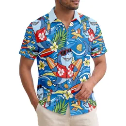 Cartoon Sharks Plumeria Palm Surfboards Ocean Waves - Beach Vacation Gift Hawaiian Shirt