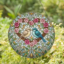 Fluffy Birds Woven Branches Pink Rose Heart Wreath Brass Bell - Home Decor Gift Stained Glass Suncatcher