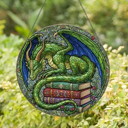 Majestic Green Dragon Coiled on Ancient Books with Floral Vines - Home Decor Gift for Dragon Lovers Stained Glass Suncatcher