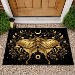 Metallic Gold Moth Crescent Moon Sunburst Golden Botanicals Crystals - Home Decor Gift Doormat
