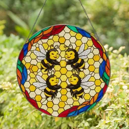 Four Happy Cartoon Bees Golden Honeycomb Stained Glass Mosaic - Home Decor Gift for Bee Lovers Stained Glass Suncatcher