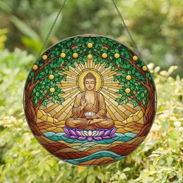 Golden Sunburst Buddha Meditation Bodhi Tree Lotus - Home Decor Gift for Yoga Lover Stained Glass Suncatcher