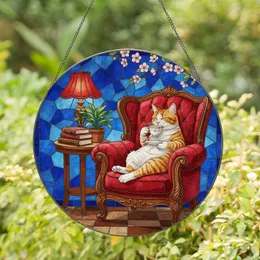 Orange White Tabby Cat Red Armchair Teacup - Home Decor Gift for Cat Lover Stained Glass Suncatcher