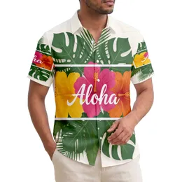 Three Hibiscus Flowers Aloha Text Monstera Palm Fronds Ocean Waves - Travel Essentials Hawaiian Shirt