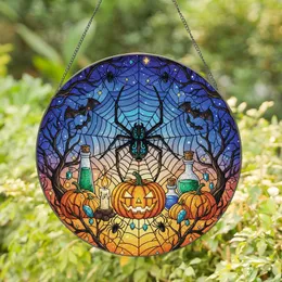 Black Spider Radial Spiderweb Jack-o'-lantern - Halloween Decor Gift Stained Glass Suncatcher