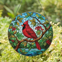 Red Male Cardinal Bird Perched on Branch with Berries Sky Foliage - Wildlife Lover Home Decor Gift Stained Glass Suncatcher