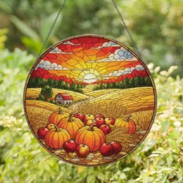 Autumn Harvest Pumpkins Apples Wheat Barn Sunset - Farmhouse Home Decor Gift Stained Glass Suncatcher
