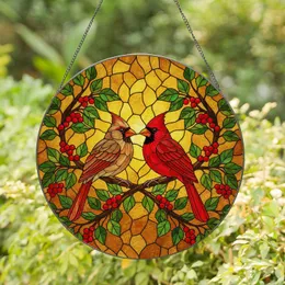Pair of Northern Cardinals Red Berries Green Leaves Branch - Wildlife Home Decor Gift Stained Glass Suncatcher