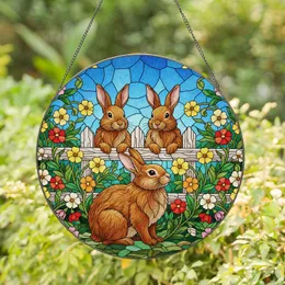 Fluffy Brown Rabbits Picket Fence Wildflower Garden - Wildlife Lover Gift Stained Glass Suncatcher