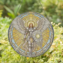 Majestic Angelic Warrior Longsword Shield Celestial Symbols Divine Light - Home Decor Gift Stained Glass Suncatcher