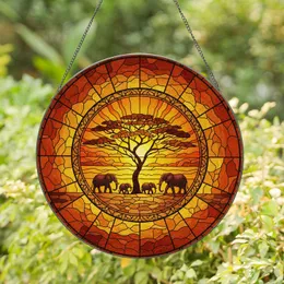 African Elephants Acacia Tree Sunset - Wildlife Lover Home Decor Gift Stained Glass Suncatcher