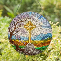 Christian Cross Sunburst Autumn Landscape Mountains - Home Decor Gift for Christian Home Stained Glass Suncatcher