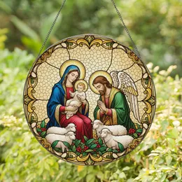 Mary Baby Jesus Joseph Angel Wing Sheep Gold Halos - Home Decor Gift for Believers Stained Glass Suncatcher