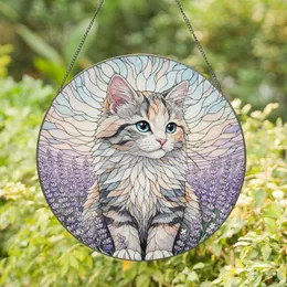 Luminous Blue Eyed Calico Kitten Lavender Sprigs - Home Decor Gift for Cat Lover Stained Glass Suncatcher