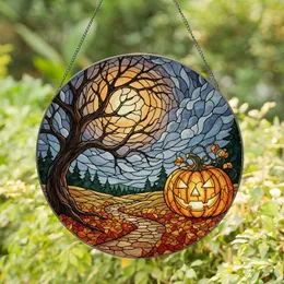 Jack-o'-lantern Spooky Tree Autumn Night - Halloween Home Decor Stained Glass Suncatcher