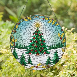Christmas Tree Baubles Snowy Landscape Holly Berries - Holiday Decor Stained Glass Suncatcher