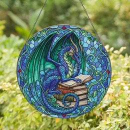 Horned Dragon Ancient Books Swirling Foliage - Home Decor Gift for Dragon Lover Stained Glass Suncatcher