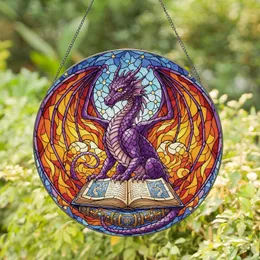 Purple Dragon Amber Fire Wings Ancient Book Celestial Scene - Fantasy Home Decor Gift Stained Glass Suncatcher