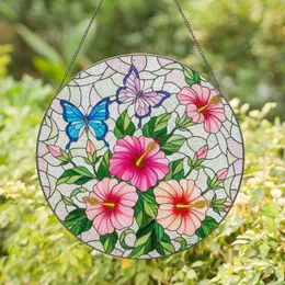 Three Vibrant Butterflies Blooming Hibiscus Tropical Glass Mosaic Home Decor Gift Stained Glass Suncatcher