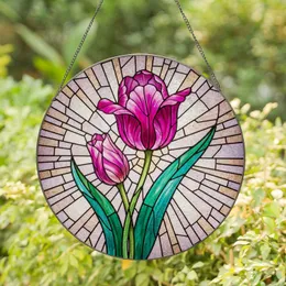 Radiant Tulips Blooming Flower Unopened Bud Green Leaves Floral Home Decor Gift Stained Glass Suncatcher