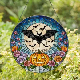 Black Bat Full Moon Jack-o'-Lantern Flowers - Halloween Home Decor Gift for Hosts Stained Glass Suncatcher