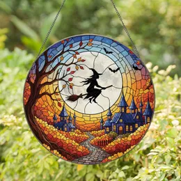 Witch Flying Broom Full Moon Village - Halloween Home Decor Gift Stained Glass Suncatcher