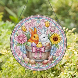 Fluffy Bunny Chick Bucket Easter Eggs Spring Flowers - Easter Home Decor Gift Stained Glass Suncatcher