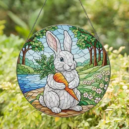 White Rabbit Carrot Wildflower Water Landscape - Home Decor Gift for Animal Lovers Stained Glass Suncatcher