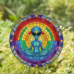 Alien Figure Celestial Mosaic Rainbow Lotus - Meditation Gift for Yoga Lover Stained Glass Suncatcher