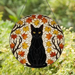 Black Cat Autumn Maple Leaves - Home Decor Gift for Cat Enthusiasts Stained Glass Suncatcher
