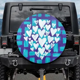 Numerous White Hearts Teal Lavender Blocks - Outdoor Travel Vehicle Decor Spare Tire Cover