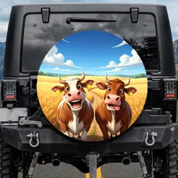 Happy Cartoon Cows Country Road Wheat Fields - Farmhouse Decor Gift for Cow Lover Spare Tire Cover