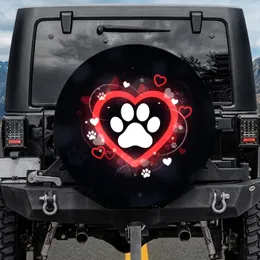 Striking White Paw Print Red Heart Outline Symbol - Pet Lover Car Truck Decor Gift Spare Tire Cover