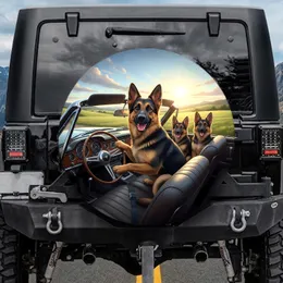 Three Cheerful German Shepherds Driving Car Scenic Open Road Landscape - Dog Lover Gift Spare Tire Cover