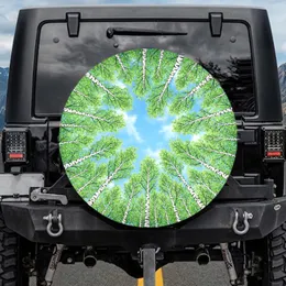 Upward View White Birch Forest Canopy Green Leaves Blue Sky - Outdoor Lover Gift Spare Tire Cover