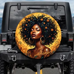 African Woman Portrait Golden Hoops Curly Hair Swirling Florals - Travel Essentials Spare Tire Cover
