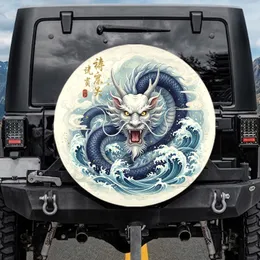White Chinese Dragon Head Swirling Waves - Automotive Style Gift for Dragon Lover Spare Tire Cover