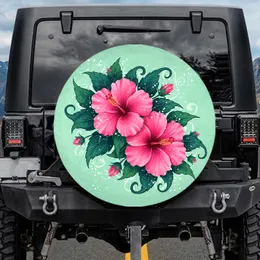 Pink Hibiscus Flowers Lush Teal Greenery - Tropical Decor Gift for Botanical Lover Spare Tire Cover