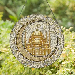 Luminous Grand Mosque Domes Minarets Golden Crescent Moon Arabesque Calligraphy - Home Decor Gift Stained Glass Suncatcher