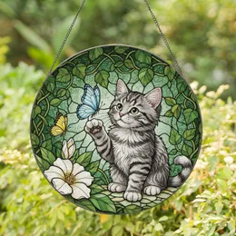 Fluffy Grey Tabby Kitten Butterfly Bloom Foliage - Home Decor Gift for Cat Lover Stained Glass Suncatcher
