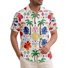 Pixelated Hibiscus Monstera Palm Trees Citrus Slices Tropical Beach Lifestyle Hawaiian Shirt