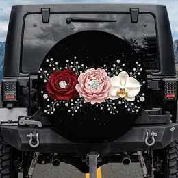 Elegant Red Pink Off White Diamond Flowers Silver Crystal Foliage Black - Luxury Accessory Gift Spare Tire Cover